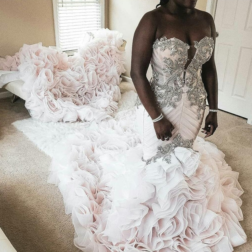 Vestido de novia africano de talla grande, estilo sirena, con encaje de cristal, escote corazón, cola larga, sin volantes, hecho a medida