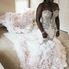 Vestido de novia africano de talla grande, estilo sirena, con encaje de cristal, escote corazón, cola larga, sin volantes, hecho a medida