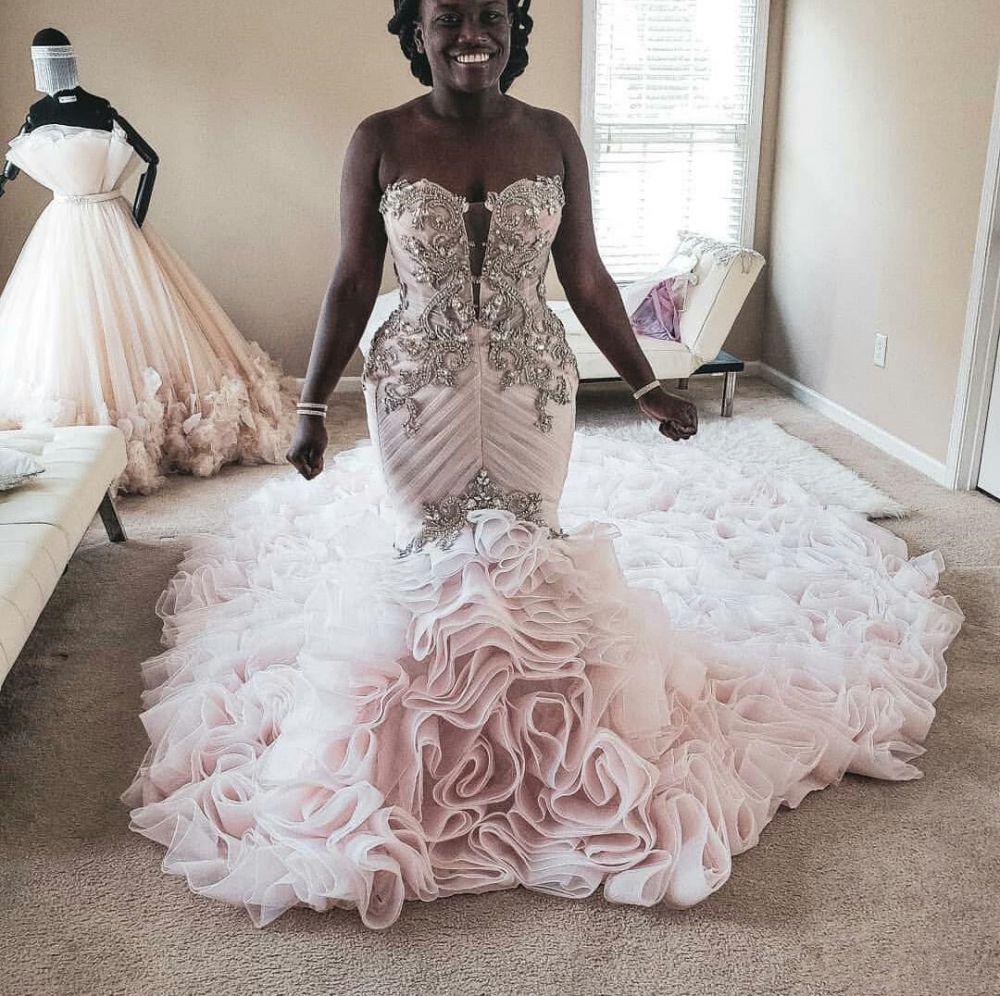 Vestido de novia africano de talla grande, estilo sirena, con encaje de cristal, escote corazón, cola larga, sin volantes, hecho a medida