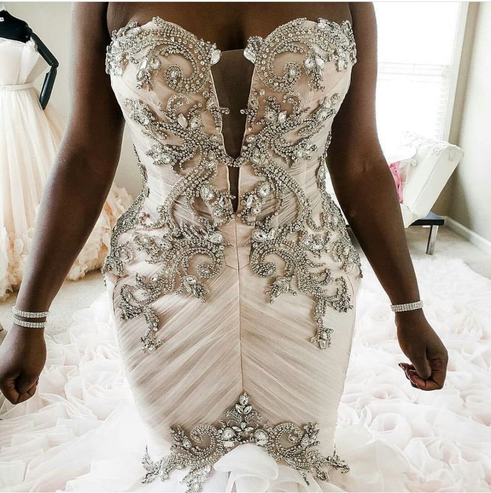 Vestido de novia africano de talla grande, estilo sirena, con encaje de cristal, escote corazón, cola larga, sin volantes, hecho a medida