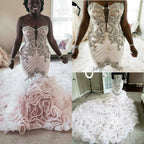 Vestido de novia africano de talla grande, estilo sirena, con encaje de cristal, escote corazón, cola larga, sin volantes, hecho a medida