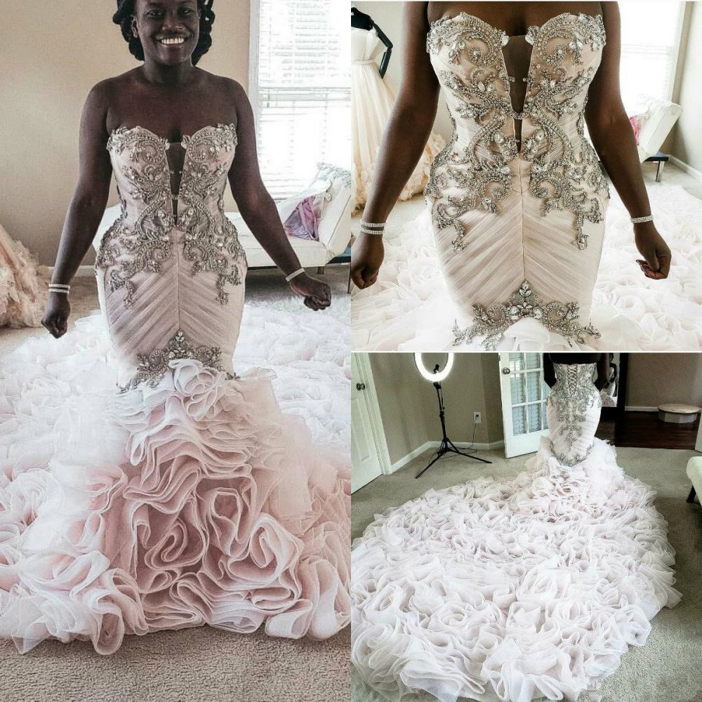Vestido de novia africano de talla grande, estilo sirena, con encaje de cristal, escote corazón, cola larga, sin volantes, hecho a medida