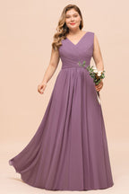 Vestido de dama de honor morado de talla grande, vestido maxi de gasa para invitada de boda