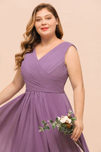 Vestido de dama de honor morado de talla grande, vestido maxi de gasa para invitada de boda