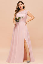 Vestido de dama de honor de talla grande, sin mangas, corte A, largo, con abertura lateral, para fiesta de boda