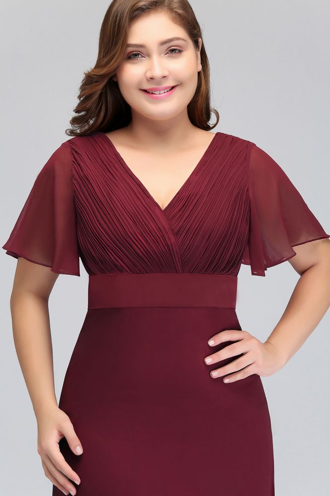 Plus size V-neck Mermaid Floor Length Short Sleeves Burgundy Evening Dresses with Sash