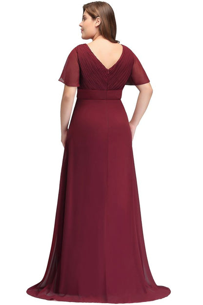 Plus size V-neck Mermaid Floor Length Short Sleeves Burgundy Evening Dresses with Sash