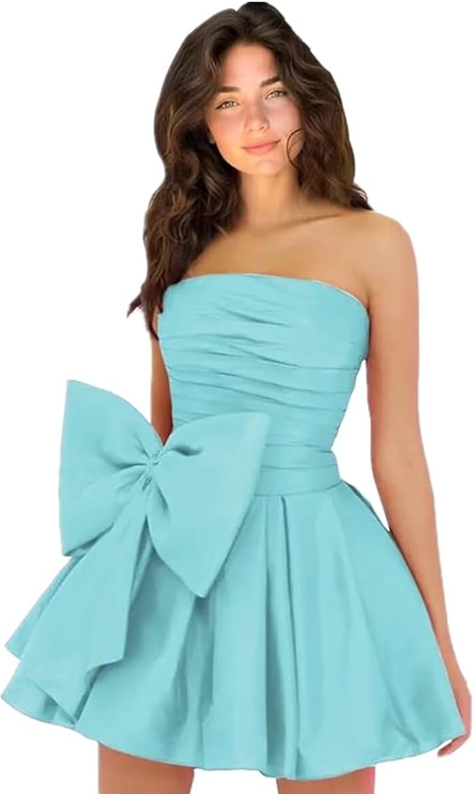 Vestidos de fiesta cortos y elegantes de corte A, sin mangas, sin tirantes, fruncidos, con cordones y lazo