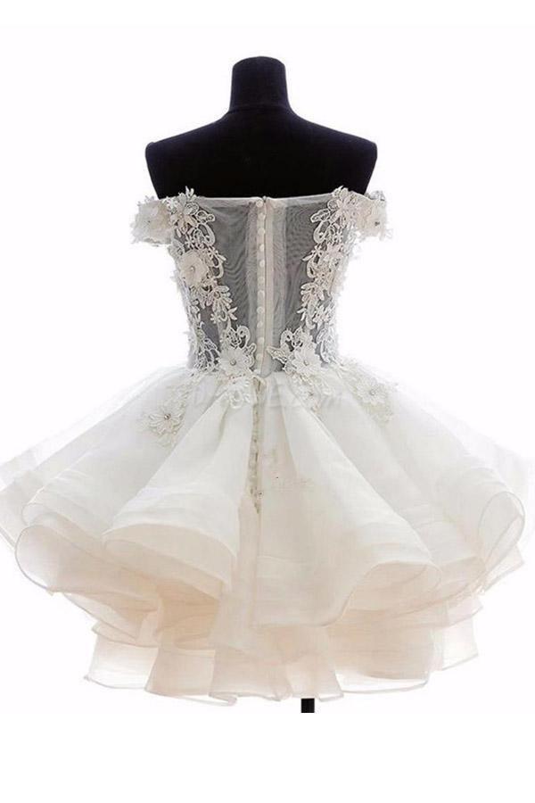 Hermosos vestidos de fiesta cortos de organza rosa con hombros descubiertos PD216
