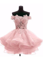 Hermosos vestidos de fiesta cortos de organza rosa con hombros descubiertos PD216