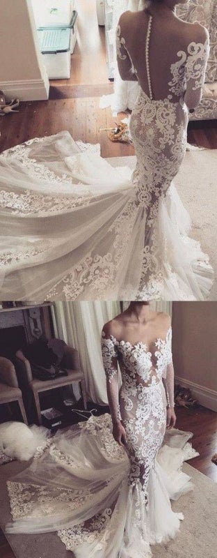 Hübsche Hübsche Meerjungfrau Spitzenapplikationen Lange Ärmel Transparenter Tüll Elegante Brautkleider 