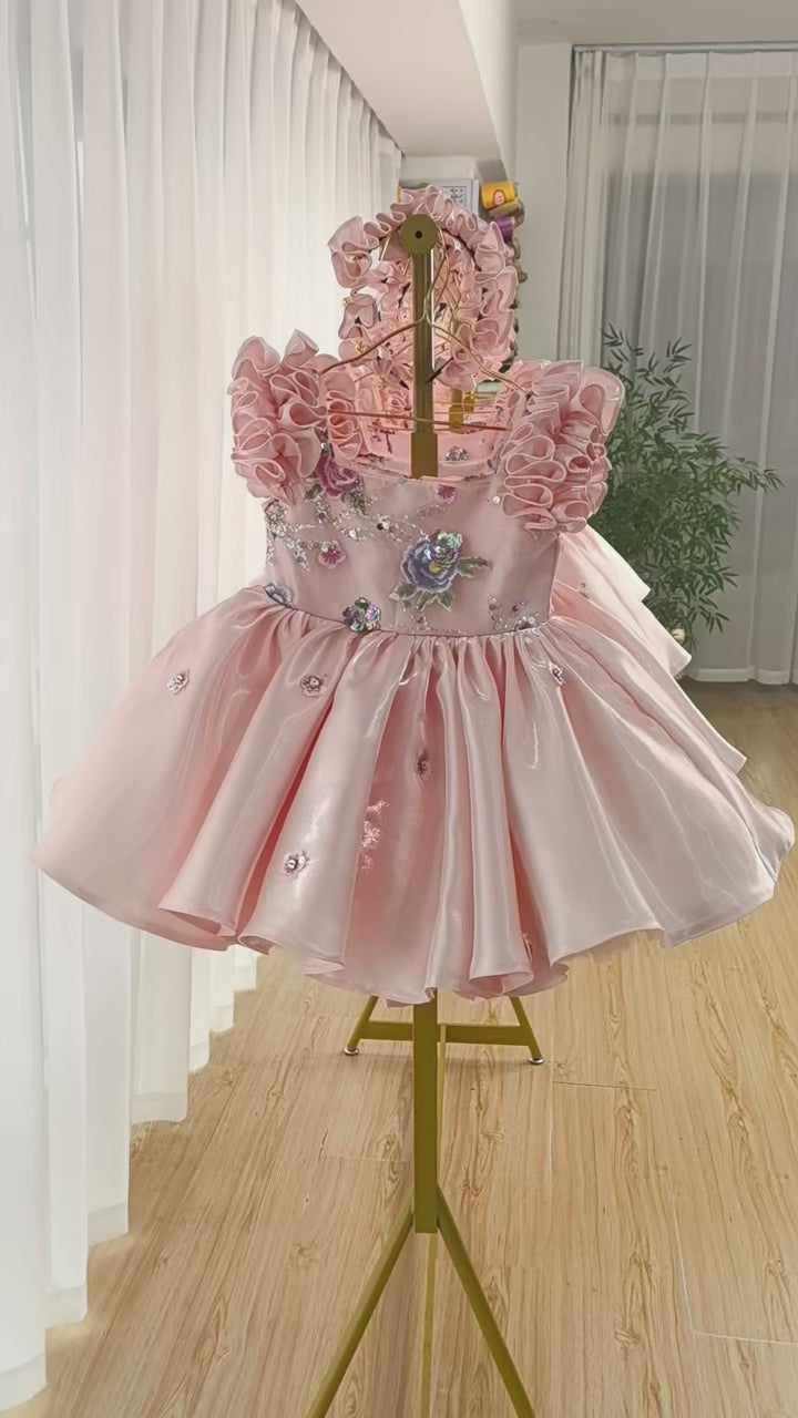 Floral Embroidery Sequins Tulle Knee-length Pink Baby Girl Dress