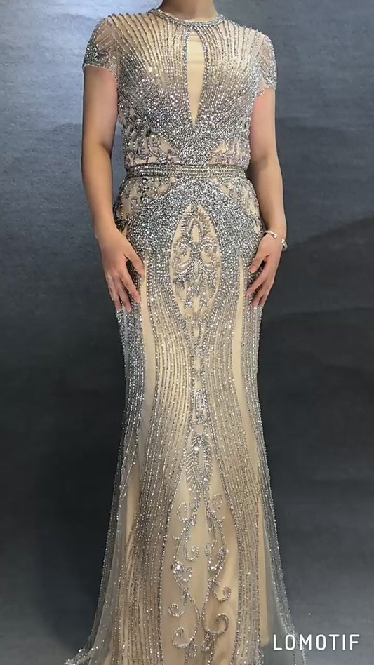 Luxus Ärmelloses Volldiamant-O-Ausschnitt Sexy Abendkleider Dubai Design LA60742