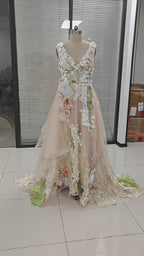 Elegantes Tüll A-Linie V-Ausschnitt Blumenspitze Ballkleid Formelle Abendparty