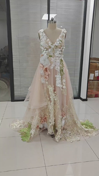 Elegantes Tüll A-Linie V-Ausschnitt Blumenspitze Ballkleid Formelle Abendparty