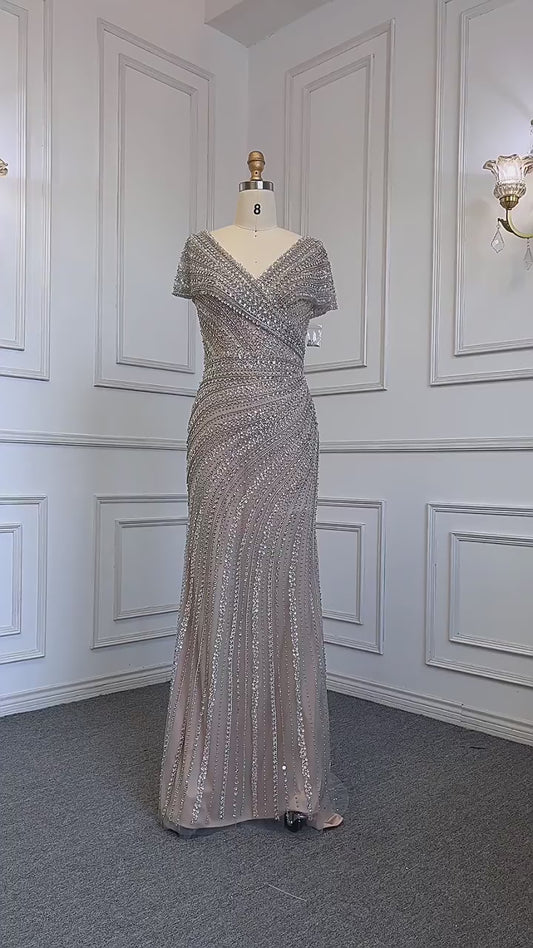 Luxuriöses silbernes, hautfarbenes Meerjungfrau-Abendkleid für Partys LA71686