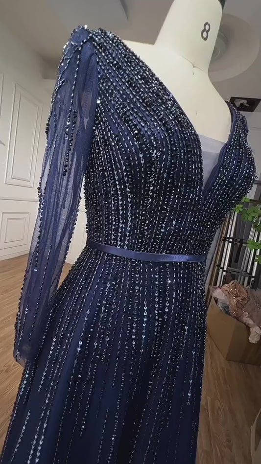 Muslim Navy Long Sleeves A-line Beaded Evening Dresses Forml Occasion Party Gowns For Women LA72019