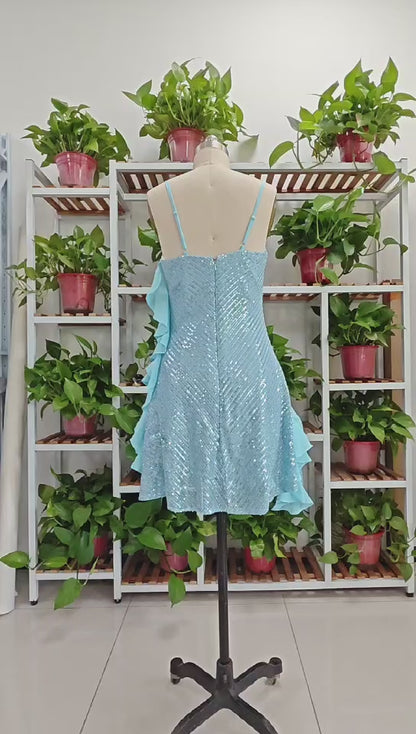 Hermoso vestido de cóctel de gasa con volantes y lentejuelas azules, vestido de fiesta Y8253