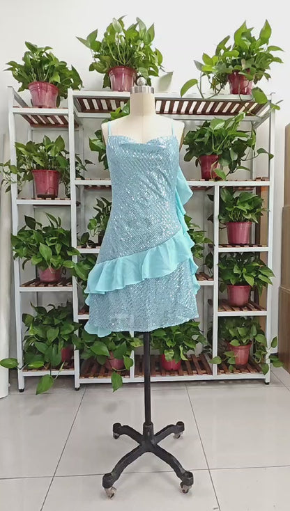 Hermoso vestido de cóctel de gasa con volantes y lentejuelas azules, vestido de fiesta Y8253