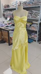 Spaghetti Strap Satin Prom Dresses Long A Line Pleated Corset Bridesmaid Formal Dress with Slit