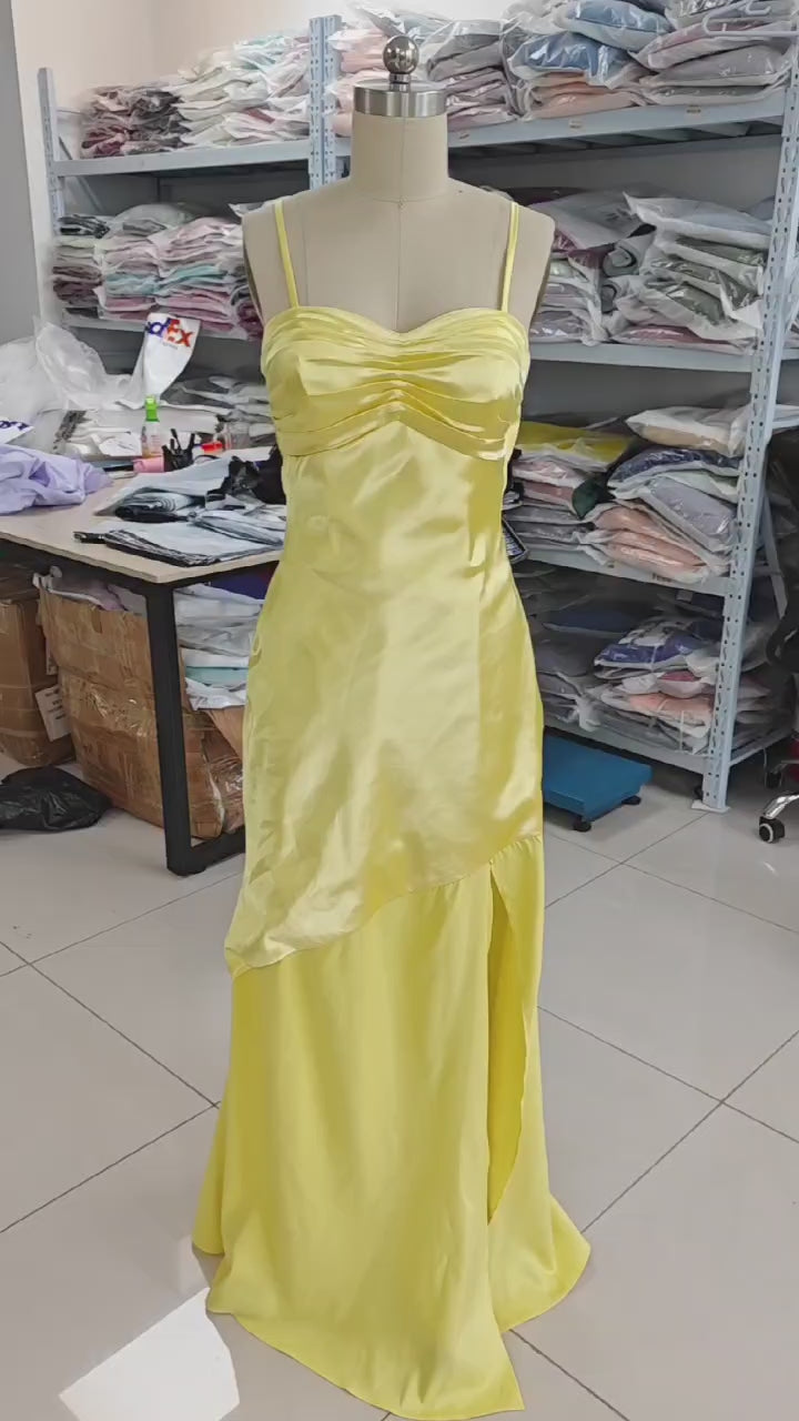 Spaghetti Strap Satin Prom Dresses Long A Line Pleated Corset Bridesmaid Formal Dress with Slit