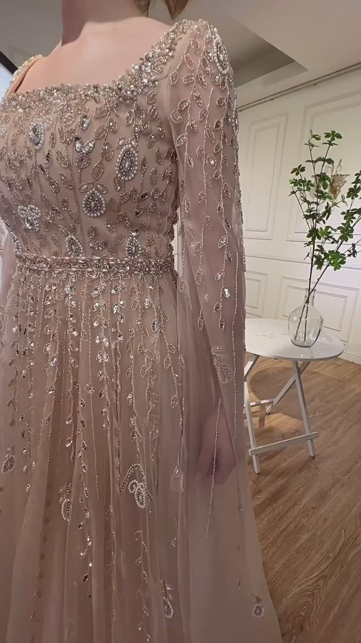 Vestido de noche musulmán de lujo, corte A, con cuentas color caramelo y mangas estilo capa LA71803A