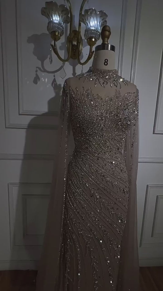 Muslim Silver Nude Beaded Sparkle Luxury Mermaid Evening Dress Gown LA70752H