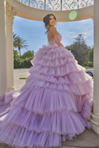 Vestido de fiesta princesa de corte A, color lila, con tirantes y volantes, sin mangas
