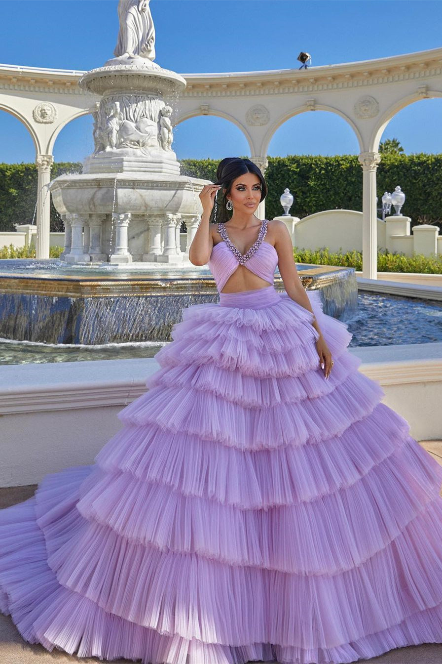 Vestido de fiesta princesa de corte A, color lila, con tirantes y volantes, sin mangas
