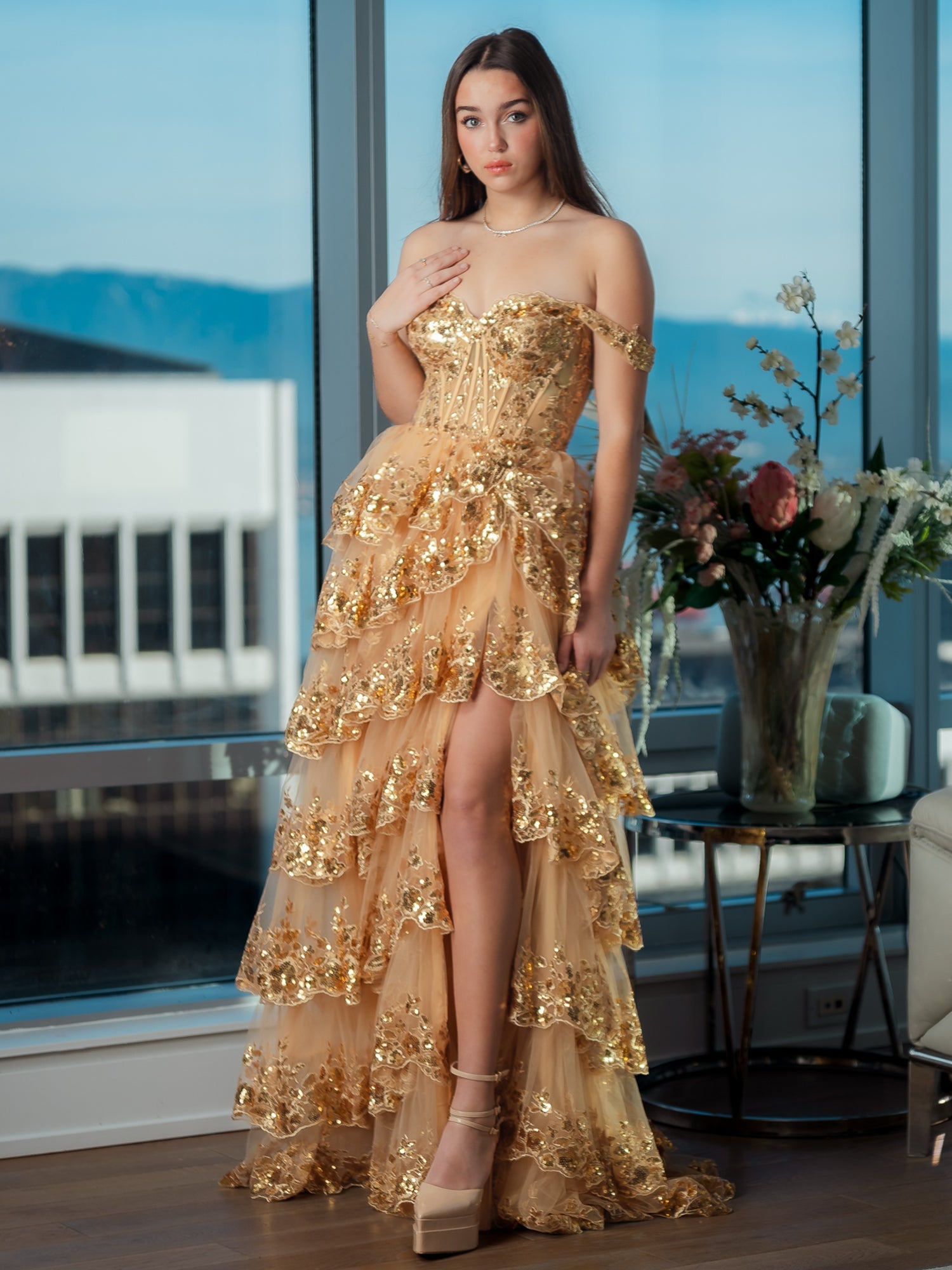 Princess A Line Off the Shoulder Corset Prom Dress with Lace Ruffles