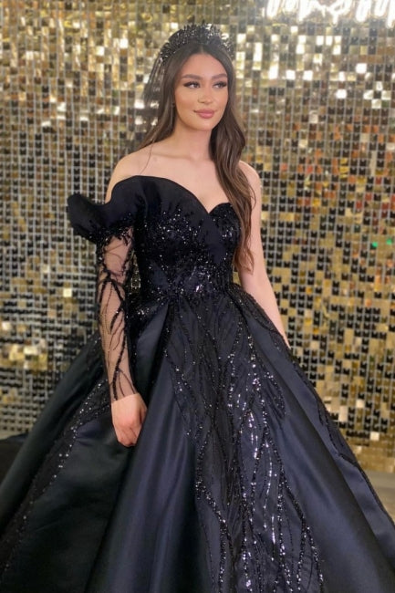 Princess Black Long Sleeve A-line Wedding Dresses With Beads