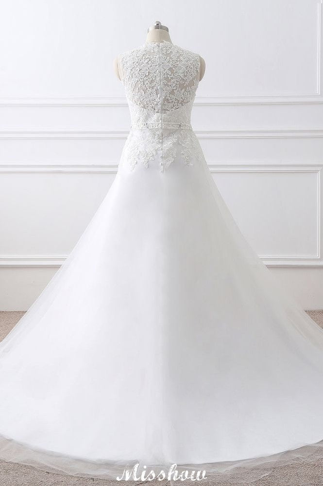 Elegantes Prinzessinnen-Brautkleid aus Spitze mit V-Ausschnitt und Tüll