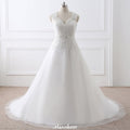 Elegantes Prinzessinnen-Brautkleid aus Spitze mit V-Ausschnitt und Tüll