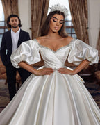 Princess Long Ivory A-line V-neck Jewel Wedding Dress With Long Sleeves
