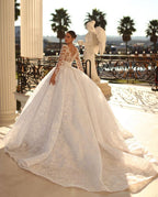 Princess Long White A-line V-neck Lace Wedding Dress With Long Sleeves