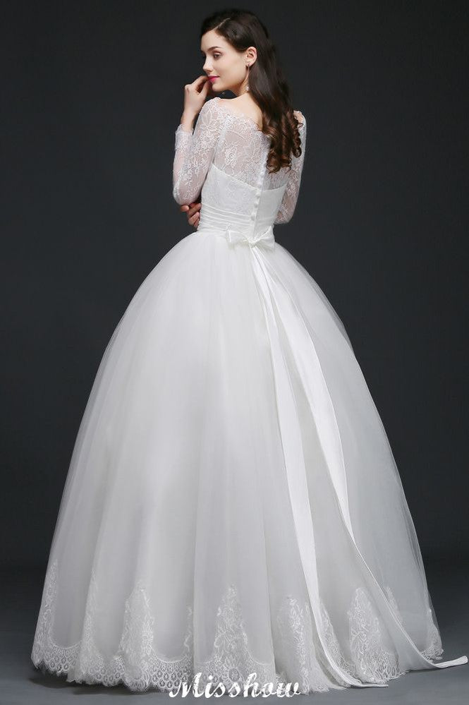 Princess Scoop Tulle White Wedding Dress With Lace
