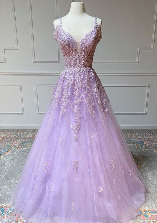 Aliana | Prinzessin Spaghettiträger Bodenlanges Tüll-Ballkleid mit Perlenapplikation