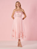 Pandora | Vestido de fiesta sin tirantes estilo princesa rosa claro con flores