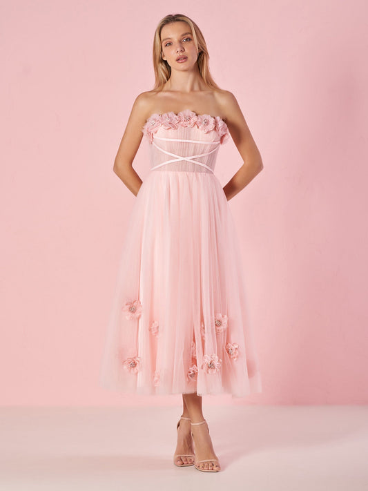 Pandora |Hellrosa trägerloses Prinzessinnen-Ballkleid mit Blumen