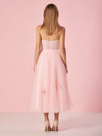 Pandora | Vestido de fiesta sin tirantes estilo princesa rosa claro con flores