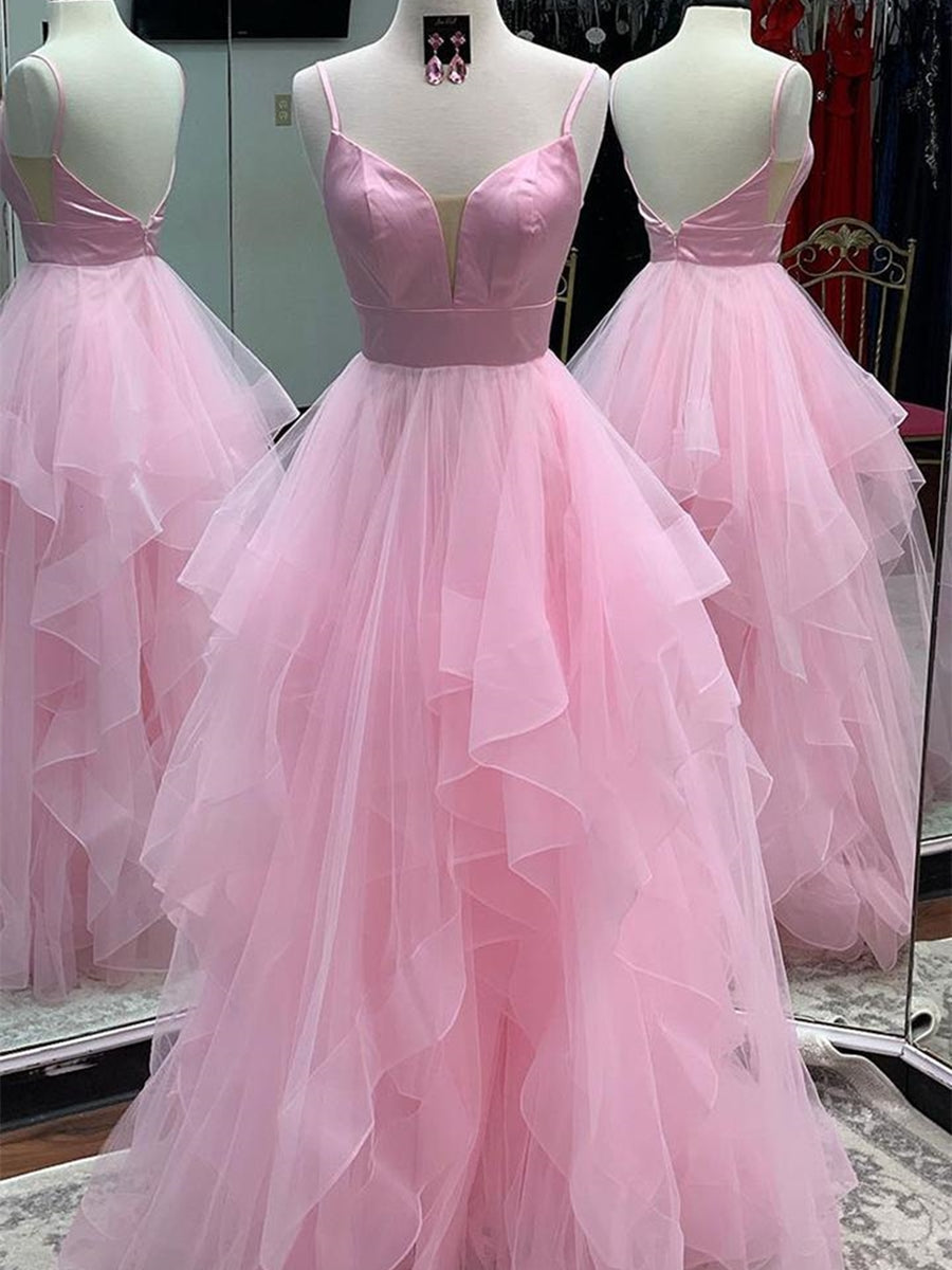 Prinzessin V-Ausschnitt Rückenfrei Lange Flauschige Tüll Ballkleider Rückenfreie Formale Abendkleider
