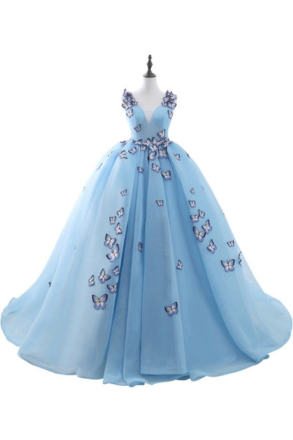 Vestido de fiesta de gasa azul cielo con escote en V y cola capilla de princesa con apliques de mariposa