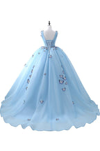 Prinzessin V-Ausschnitt Kapelle Schleppe Chiffon Himmelblau Ballkleider mit Schmetterlingsapplikation
