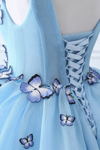 Prinzessin V-Ausschnitt Kapelle Schleppe Chiffon Himmelblau Ballkleider mit Schmetterlingsapplikation