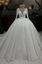 Princess V-neck Glitter A-line Wedding Dresses With Sleeves