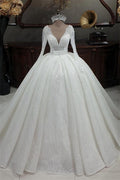 Princess V-neck Glitter A-line Wedding Dresses With Sleeves