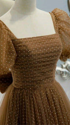 Schönes Ballkleid, neues braunes Abendkleid, eleganter Kragen, Puffärmel, A-Linie, bodenlang, spitzer Abschlussball, formelle Kleider Y1174