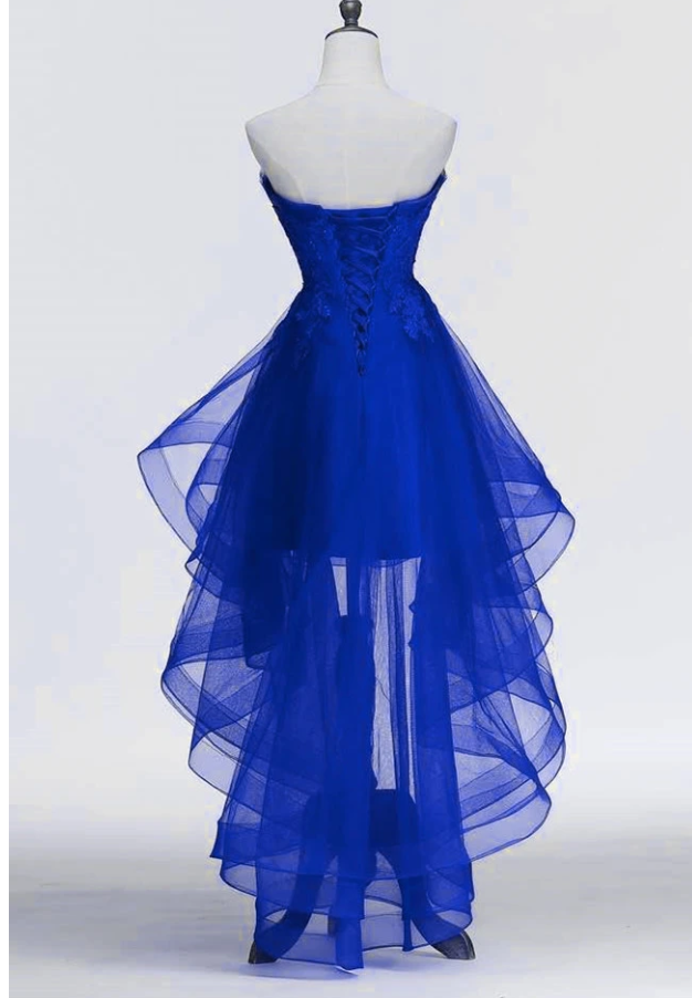 Königsblaues Tüllkleid mit Spitzenapplikation, High Low Partykleid, Blaues Homecomingkleid Y671