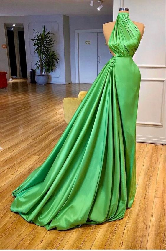 Vestido de fiesta largo de satén verde sin mangas, elegante vestido de noche Y904