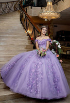 Vestido de fiesta lavanda con hombros descubiertos y apliques florales para quinceañeras, vestido de princesa lavanda Y900